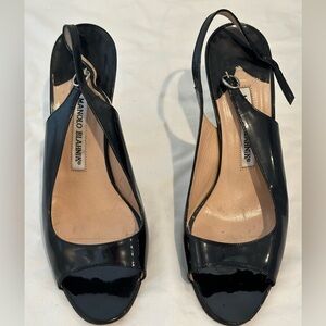 Manolo Blahnik Black Patent Leather Peep Toe Sling Back - 37